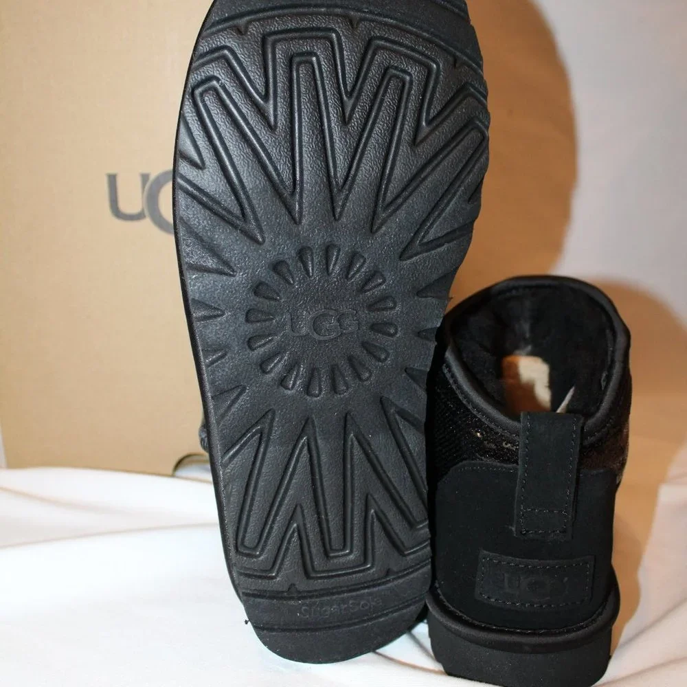 NIB UGG WOMEN'S ULTRA MINI‎ SEQUIN METALLIC BLACK BOOTS